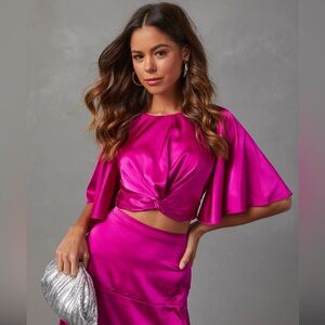Pink Scoop Neck 3/4 Sleeve Crop Tie Front Blouse